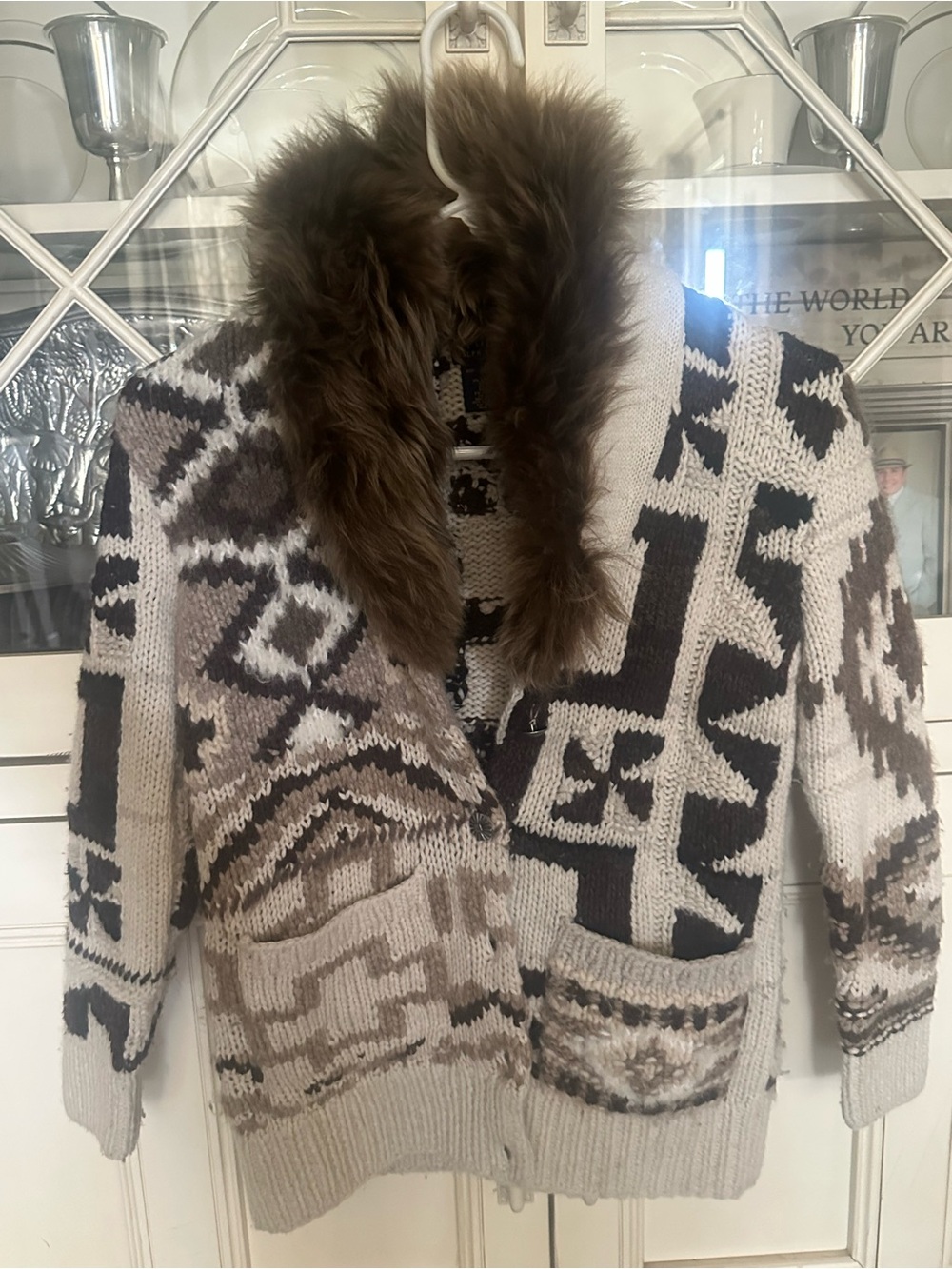Ralph Lauren Brown & Cream Patterned Teddy-Knit Jacket with Faux Fur Collar